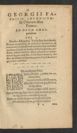 Georgii Fabricii Chemnicensis Odarum liber Primus.
