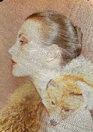 Wandkalender 1983 "Gesichter im Kontrast" : Wandkalender 1983 "Gesichter im Kontrast" (Frauenporträt im Profil nach links, mit Fuchskragen). Trickaufnahme mit zwei Diapositiven. Druckmaschinenwerk Planeta  (Herstellung)