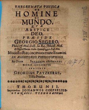 Theoremata Physica De Homine Et Mundo