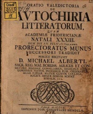 Oratio Valedictoria De Autochiria Litteratorum