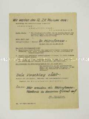 Hektografiertes Propagandaflugblatt aus dem Eisenhüttenkombinat Ost über eine sowjetische Neuerer-Methode