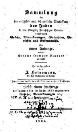 Sammlung der die religiöse und bürgerliche Verfassung der Juden in den Königl. Press. Staaten