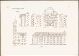 Kriminalgericht und Untersuchungsgefängnis, Berlin-Moabit Erweiterungsbau Kriminalgericht: Erweiterungsbau Kriminalgericht: Schnitte, W-Ansicht 1:150