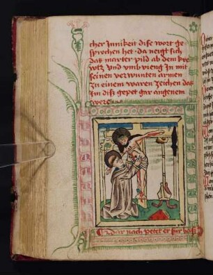 Eingeklebter kolorierter Holzschnitt: Christus neigt sich vom Kreuz dem Heiligen Bernhard von Clairvaux zur Umarmung zu; handgezeichneter Rahmen mit Fleuronnébesatz
