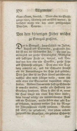 Von dem bösartigen Fieber welches zu Senegall graßiret.