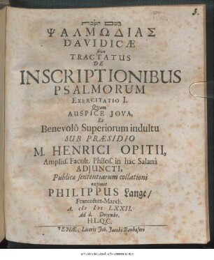 Psalmōdias Davidicae sive Tractatus De Inscriptionibus Psalmorum Exercitatio I.