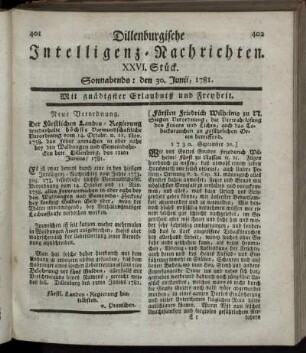 XXVI. Stück. Sonnabends: den 30. Junii 1781.