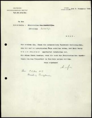 A. von Gerkan an Unterrichtsministerium