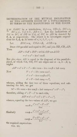 Determination of the mutual inclination of two opposite edges of a tetrahedron, in terms of the magnitudes of the edges.