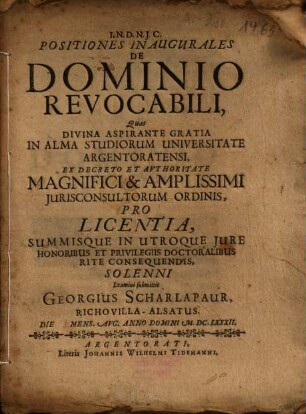 Positiones Inaugurales De Dominio Revocabili