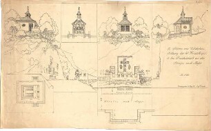 Thiersch, August ; Bad Reichenhall; Hl. Kreuz - Kapelle - Grundriss, Ansicht, Teilansicht, Schnitte
