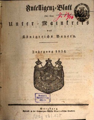 Intelligenzblatt für den Unter-Mainkreis des Königreichs Bayern. 1834