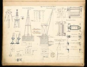 Mastenkran Monatskonkurrenz April 1873: 2 Grundrisse, Aufriss Vorderansicht, Seitenansicht, zahlreiche Details; 2 Maßstabsleisten