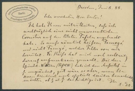 08. Juni 1888, Dresden [Postkarte von Alphons Stübel an Max Uhle]