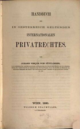 Handbuch des in Oesterreich geltenden internationalen Privatrechtes