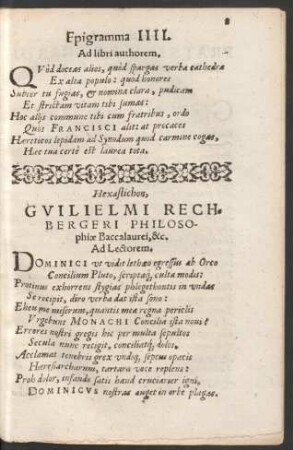 Hexastichon, Guilielmi Rechbergeri ... Ad Lectorem.