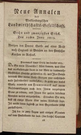 Sechs und zwanzigstes Stück. Den 29sten Juny 1815.