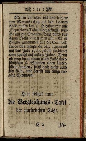 Hier folget nun die Vergleichungs- Tafel der natürlichen Tage.