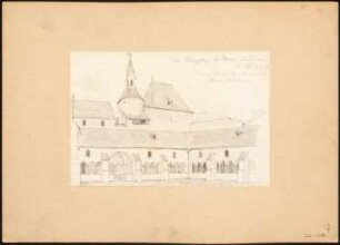 Brixen, Dom: Perspektivische Ansicht des Kreuzgangs mit Taufkapelle St. Johann von Südwesten