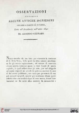 5: Osservazioni intorno alcune antiche iscrizioni che sono o fuorno già in Napoli : lette all'Accademia nell'anno 1840