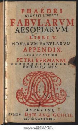 Phaedri Avgvsti Liberti Fabvlarvm Aesopiarvm Libri V. : Novarvm Fabvlarvm Appendix