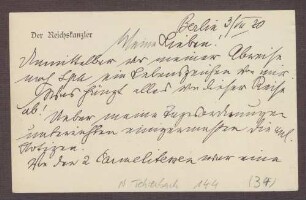 Schreiben von Constantin Fehrenbach, Berlin, an Elisabeth Rosset, Große Erwartungen bzgl. der Konferenz von Spa