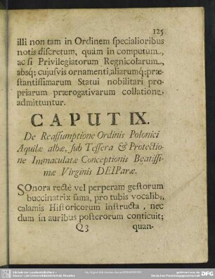 Caput IX. De Reassumptione Ordinis Polonici Aquilae albae, sub Tessera & Protectione Immaculatae Conceptionis Beatissimae Virginis DeiParae