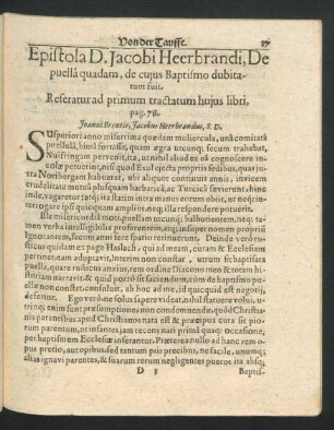Epistola D. Jacobi Heerbrandi, de puella quadam, de cuius Baptismo dubitatum fuit.