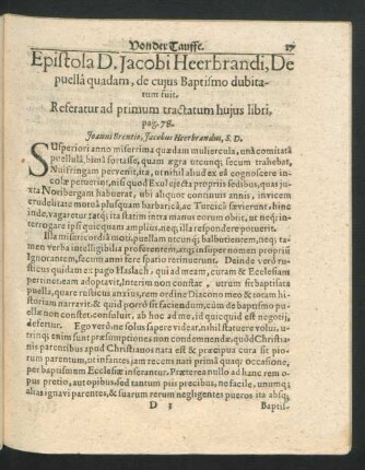 Epistola D. Jacobi Heerbrandi, de puella quadam, de cuius Baptismo dubitatum fuit.