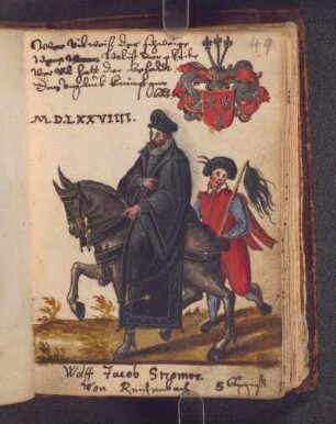 Gouache: reitender Herr, von Diener begleitet
