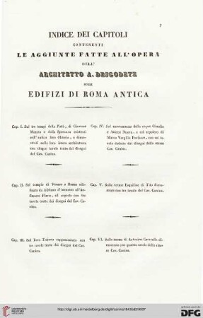 Indice dei Capitoli contenenti le Aggiunte fatte all'Opera dell'Architetto A. Descodetz sugli Edifzi di Roma Antica