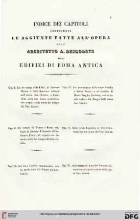 Indice dei Capitoli contenenti le Aggiunte fatte all'Opera dell'Architetto A. Descodetz sugli Edifzi di Roma Antica