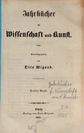 Jahrbücher für Wissenschaft und Kunst. 3, 3. 1855
