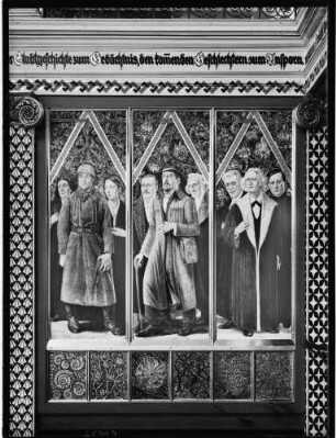 Karlsruhe Rathaus Bürgersaal Gemälde Die Herren Motte (Musikdirektor), Devrient (Theaterintendant), von Scheffel (Dichter), Helbing (Prälat), Holl (Stadtpfarrer) und Wendt (Schuldirektor), von Hans Adolf Bühler (1877-1951)
