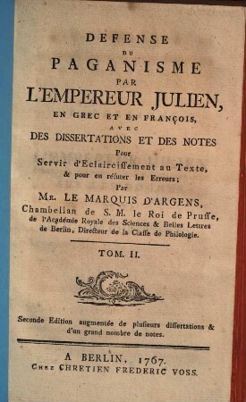 Défense du Paganisme : En Grec et en François, 2