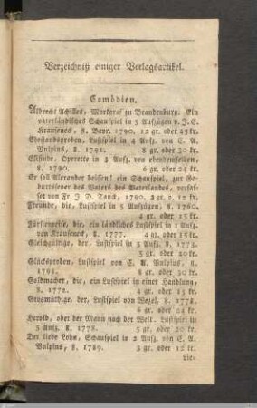 Verzeichniß einiger Verlagsartikel.