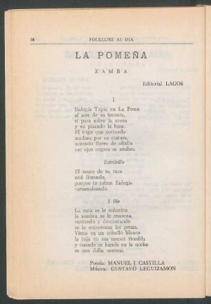 La pomeña : Zamba. - Editorial Lagos