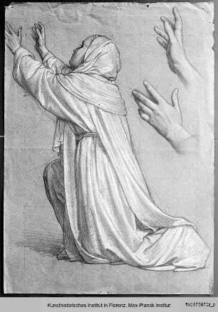 Studien für das Fresko "Die heilige Katharina von Siena wählt aus zwei ihr von Christus angebotenen Kronen die Dornenkrone": Betende Katharina und Handstudien