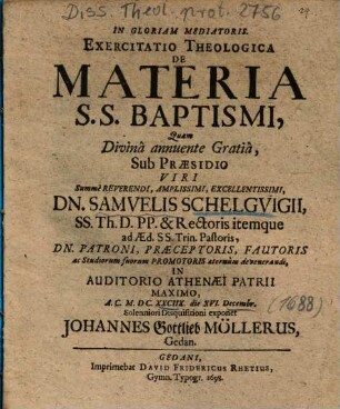 Exercitatio Theologica De Materia S.S. Baptismi