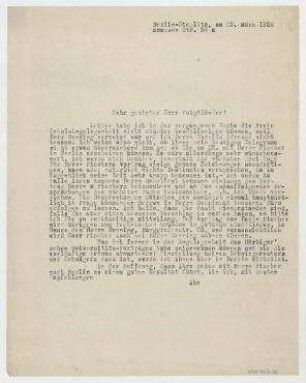 Brief von Raoul Hausmann an Otto Voigtländer. Berlin