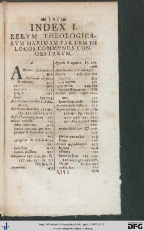 Index I. Rerum Theologicarum Maximam Partem In Locos Communes Congestarum.