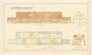 Typ I. Reihenhaus für 6 Familien aus der Siedlung Prenzlau: Straßenansicht, Seitenansicht, Grundriss EG, OG, Querschnitt 1:100