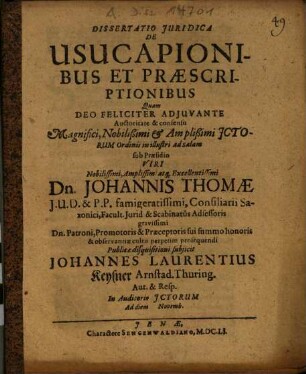 Dissertatio Iuridica De Usucapionibus Et Praescriptionibus