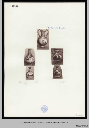 Bauchige Vase mit floralem Dekor, Inschrift und der Darstellung einer unbekannten älteren Frau