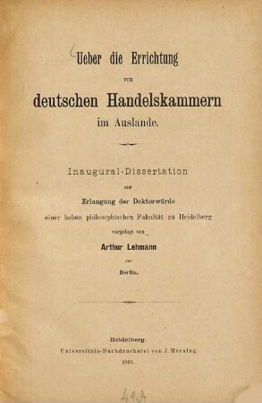 Ueber die Errichtung von deutschen Handelskammern im Auslande