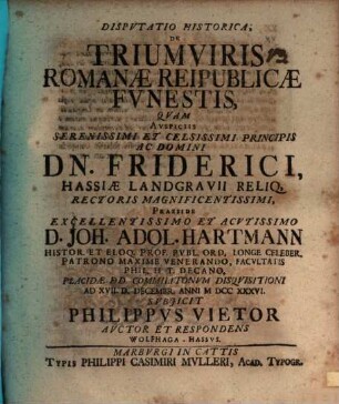 Disputatio historica de triumviris Romanae reipublicae funestis