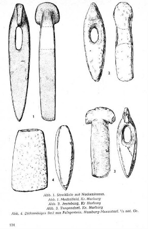 Abb. 1. Streitäxte mit Nackenkamm. Abb. 1. Meckelfeld, Kr. Harburg Abb. 2. Jesteburg, Kr. Harburg Abb. 3. Tangendorf, Kr. Harburg Abb. 4. Dicknackiges Beil aus Felsgestein. Hamburg-Marmstorf. 1/2 nat. Gr.