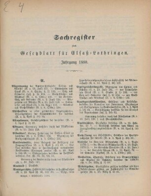 Sachregister zum Gesetzblatt für Elsaß-Lothringen. Jahrgang 1880