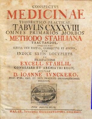 Conspectvs Medicinae Theoretico-Practicae : Tabvlis CXXXVIII Omnes Primarios Morbos Methodo Stahliana Tractandos, Exhibens