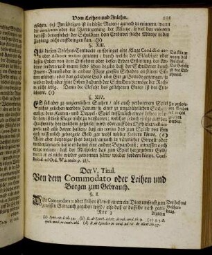 Der V. Titul. Von dem Commodato oder Leihen und Borgen zum Gebrauch.